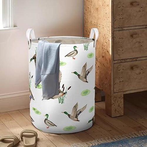Mallard Duck Laundry Basket Cute Duck Room Decor,Boys Hunting Duck Nursey Laundry Hamper for Baby Clothes Storage Basket (Mallard, 43L)
