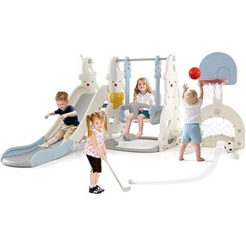 Costzon Ensemble balançoire et toboggan 7 en 1 pour tout-petits avec panier de basket-ball et balançoire réglables en hauteur, grimpeur, golf, football, lancer d'anneaux, aire de jeux intérieure