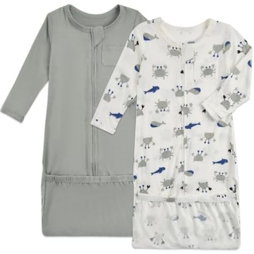 Aablexema Baby Nightgowns Rayon of Bamboo, 2Pcs Newborn Sleeper Gown with 2-way Zipper, Flip Mittens & Foot Cover