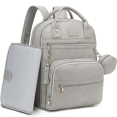 ROSEGIN Premium Vegan Leather Diaper Bag Backpack with Waterproof Changing Pad, Reinforced Zippers & Odor-Free, 20 Pockets Pro Organizer, Fits 15.6" Laptop, Stroller Straps, Baby Bag for Mom, Grey