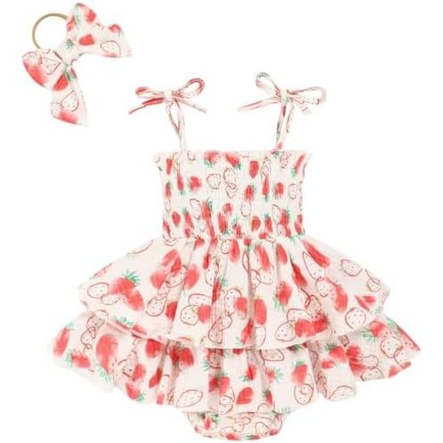TITKKOP Baby Girl Summer Outfits Infant Double Romper - Sleeveless Bodysuit & Cake Smash Outfit