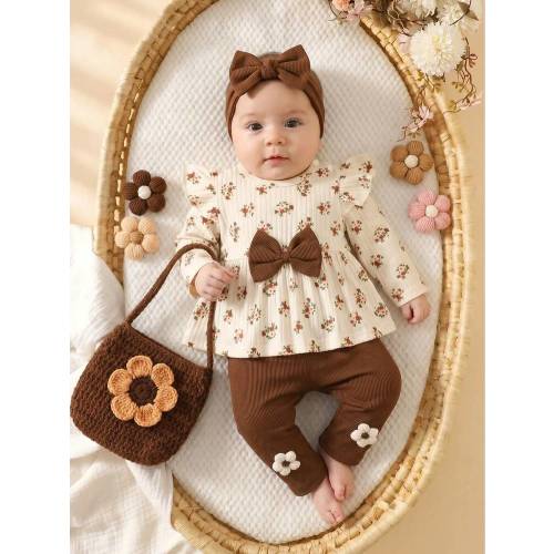 SHEIN Newborn Baby Girl Autumn/Winter Outfit Set, Cream White Round Neck Long Sleeve Top With Floral Pattern And Exquisite Brown Bow, A-Line Waist-Cinching Design, Brown Casual Long Pants With 3D Floral Accents, Cute And Sweet Style, Suitable For Daily We