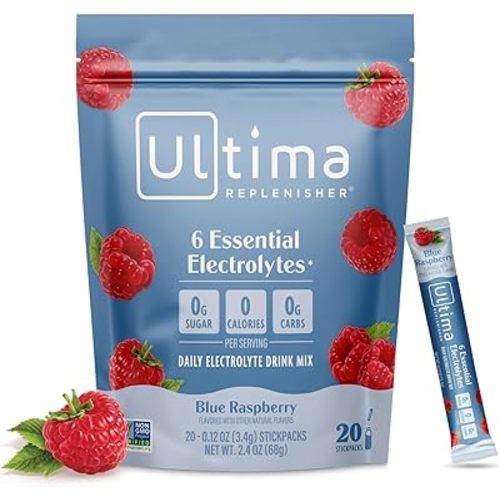 Ultima Replenisher Electrolyte Hydration Powder, Blue Raspberry, 20 Count Stickpacks Pouch - Sugar Free, 0 Calories, 0 Carbs - Gluten-Free, Keto, Non-GMO with Magnesium, Potassium