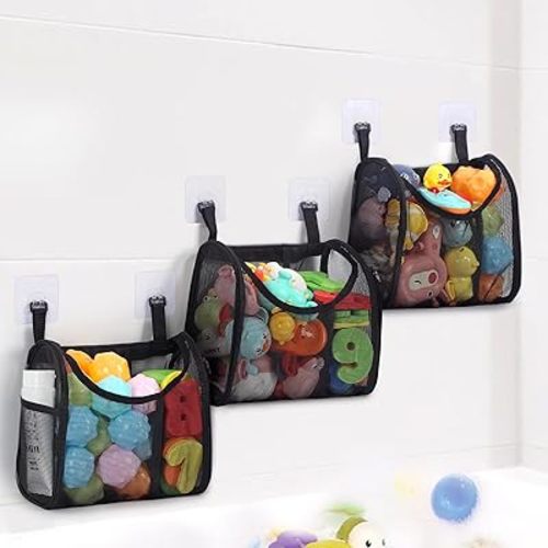Bathtub Toy Storage, 6 Compartments Detachable Bath Toy Holder for Bathtub, Large Bath Toy Organizer, Quickly Dry Bath Toy Net Basket, Mesh Shower Caddy for Sorting Toys Toiletry - Black