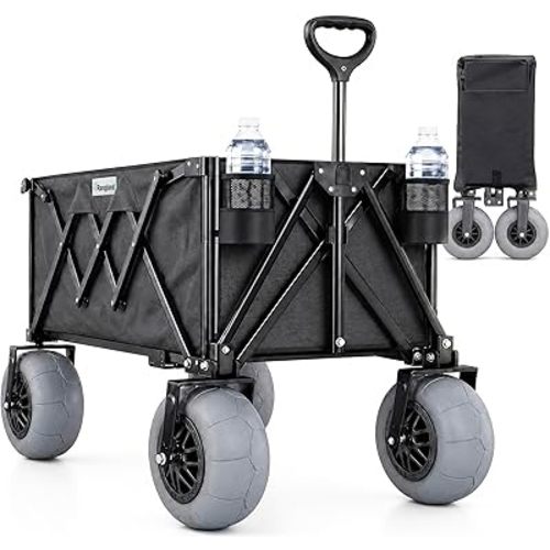 Beach Wagon with Big Wheels for Sand - All Terrain Steel Frame Utility Cart with 9" Pneumatic Tires, Collapsible Folding Design (Sand Warrior RX800 Black)