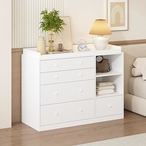 FUFU&GAGA White Dressers for Bedroom, 5 Drawer Dresser Modern Chest of Drawers with Shelves, Wood Chest Storage with Knobs, Detachable Top, Living Room Hallway, 47.2”W x 19.5”D x 36.1”H
