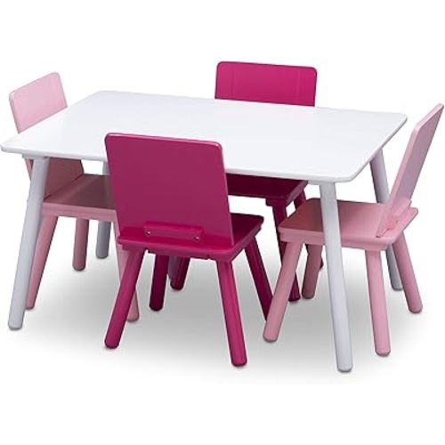 Delta Children Kids Table and Chair Set (4 Chairs Included), White/Pink