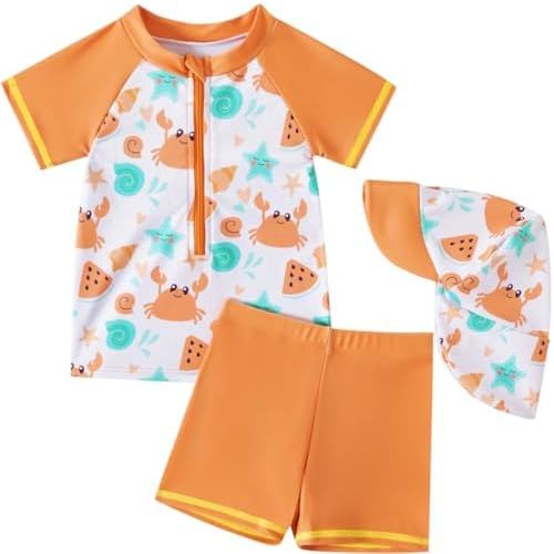 Baby Boy 3 Pieces Swimsuit Quick Dry Swim Trunks Set Toddler Rash Guard Sets Beach Hawaii Bathing Suits Swimwear with Sun Hat