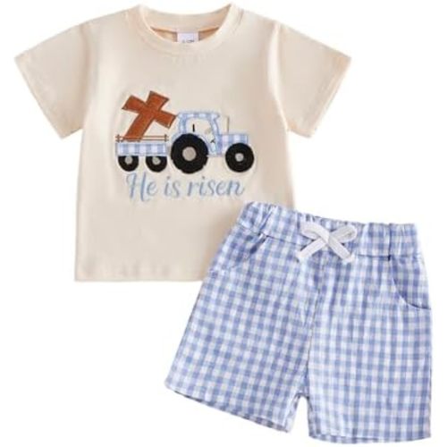 Toddler Boy Summer Clothes Blue Short Sleeve T-Shirt Plaid Shorts
