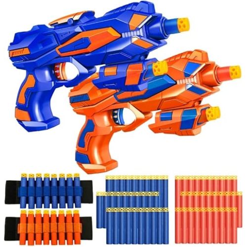 2 Pack Blaster Guns Boys Toy-with 60 Soft Foam Darts Bullets& 2 Wrist Bands-Valentines Gifts for Kids Hand Gun Toys Party Supplies for 3,4,5,6,7,8,9 Years Kids