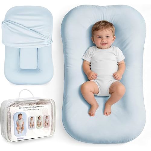 Infant Support Cushion, Baby Lounger for Newborn 0-24 Months, Portable Tummy Time Mat with Soft Cotton Cover for Home, Travel & Supervised Play, Essential Baby Gift (Blue)