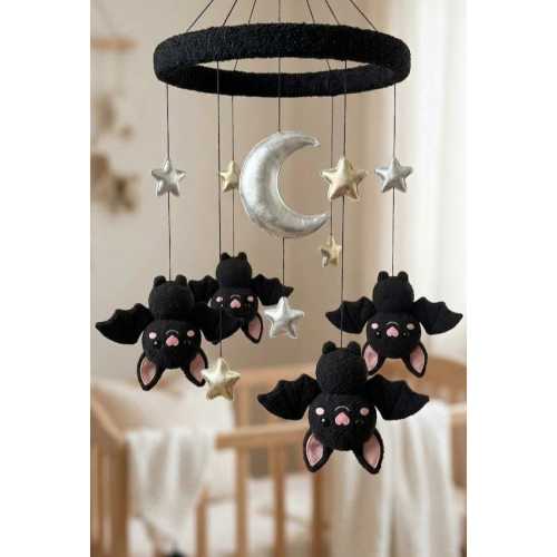 Kawaii Felt Bat Baby Mobile for Nursery - Cute Halloween Decor, Pink Cheek Bats, Moon & Stars Crib Mobile, Handmade Newborn Gift