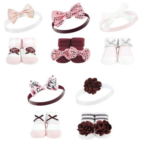Hudson Baby Infant Girls Headband and Socks Set, Rose, 0-9 Months