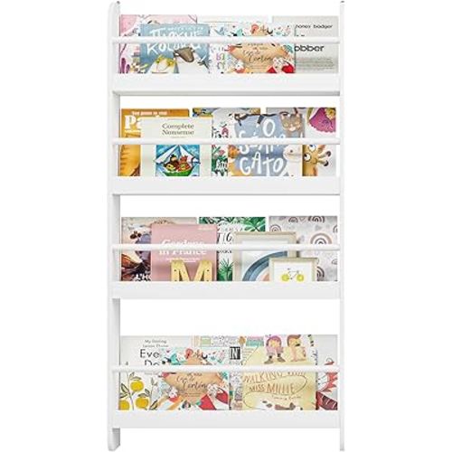 FOTOSOK Kids Bookshelf, Wall Mount 4-Tier Book Shelf Organizer for Toys and Books, Toy Storage Bookshelf in Bedroom, Living Room and Nursery, White