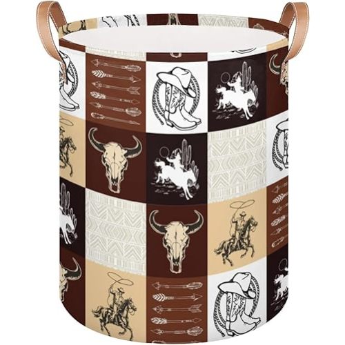 Western Vintage Cowboy Kids Laundry Basket, Cow Skull Nursery Laundry Hamper Foldable Storage Bin Toy Basket Dirty Clothes Storage Basket with Handles Organizer for Bedroom Bathroom