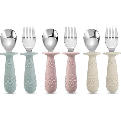 PandaEar 6 Pieces Baby Toddler Silicone Stainless Steel Utensils Silverware Spoon Fork for Baby Toddler BPA Free with Silicone Holding Anti-Choke Design (Blue Pink White)