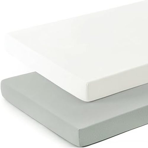 GRSSDER Mini Crib Sheets Fitted, Pack and Play Sheets 2 Pack, Ultra Soft Stretchy Pack N Play Sheets, Universal Fit for Playard Mattress, Jersey Crib Sheets Neutral for Boys and Girls, Gray/White