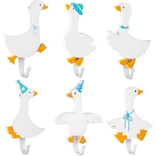 XEQWZVFR 6Pcs Decorative Goose Wall Hooks Goose Decor Cute Wall Hooks Goose Wooden Hanger Holders Storage Racks Baby Nursery Hooks for Goose Nursery Decor Hanging Clothes Coats Towels Keys Hats