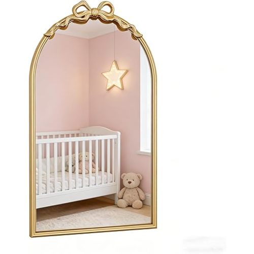Large Arched Gold Bow Mirror - Vintage Arch Mirror with Antique Metal Frame, Wall Mirror Decor for Nursery, Bathroom, Vanity, Living Room, 25''x16''
