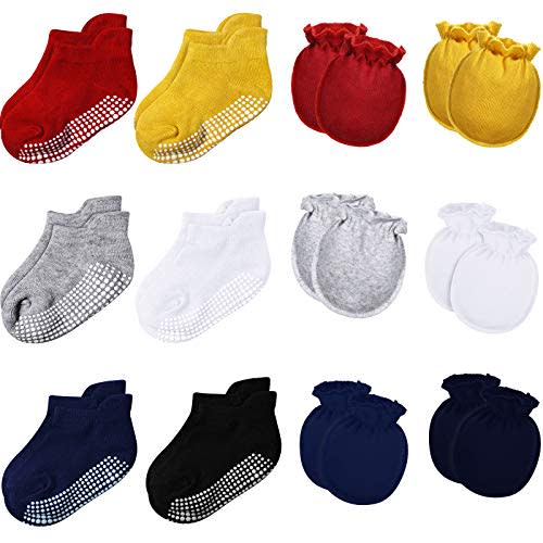 12 Pairs Newborn Baby Mittens and Socks Set Baby Mittens No Scratch Cotton Gloves Non Slip Ankle Socks 0-6 Months