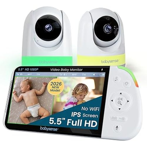 Babysense PRO Full HD 5.5" Split Screen Baby Monitor with 2 Cameras, 6-Color Night Light, White Noise, Sound & Light Machine, 20-Hour Battery, Hack-Proof Non-WiFi Secure Connection