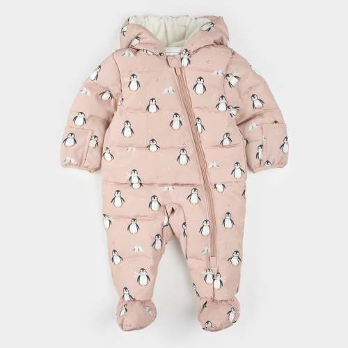 Penguins Print on Dusty Pink Hooded Baby Snowsuit