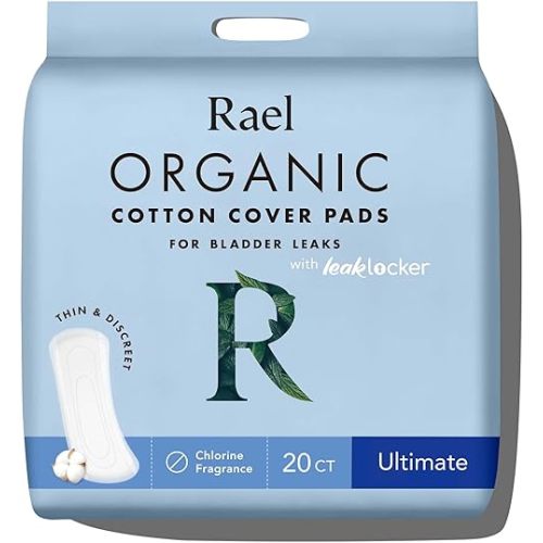 Rael Incontinence Pads for Women, Organic Cotton Cover - Postpartum Essential, Heavy Absorbency, Bladder Leak Control, 4 Layer Core with Leak Guard Technology, Long Length (Ultimate, 20 Count)