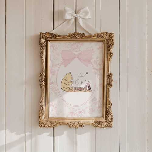 Vintage Winnie the Pooh Nursery Wall Art Set of 3 Classic Pooh Prints with a Floral Toile De Jouy Backgrounds and Coquette Bow Cottagecore