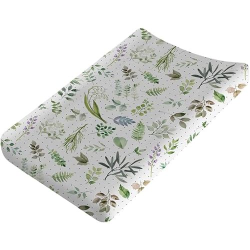 Watercolor Green Leaves Boho Changing Pad Covers Greenery Floral Diaper Changing Table Pad Sheets for Boy Girl Summer Wild Plants Soft Breathable Stretch Baby Changing Table Mats Covers 32''x16''