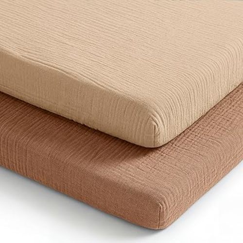 Comfy Cubs Muslin Cotton Bassinet Sheets 2 Pack, Cedar and Cream – Soft, Breathable, 100% Muslin Bassinet Sheet, Gentle for Baby’s Sensitive Skin – Universal Fit, Beautiful Gift-Ready Packaging