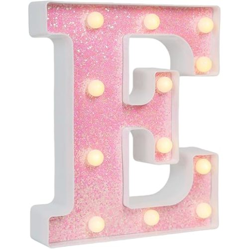 Pink Glitter Marquee Light Up Letters, Battery Operated LED Letter Lights Signs for Pink Birthday Party Table Decorations, Wall Decor for Girls Bedroom, Initial Letter E with Warm White Lights
