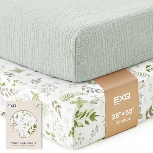 EXQ Home Muslin Crib Sheets for Boy Girl, 2 PCS Breathable Cotton Fitted Crib Sheet for Standard Crib Mattress, 52"x28", Green Leaves