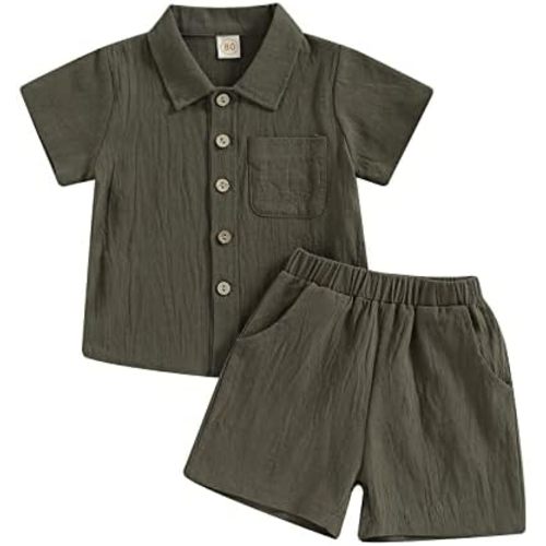 Hoanselay Baby Boy Cotton Linen Shorts Set Solid Color Short Sleeve Button Down T-Shirt Tops and Shorts Summer Outfit Clothes