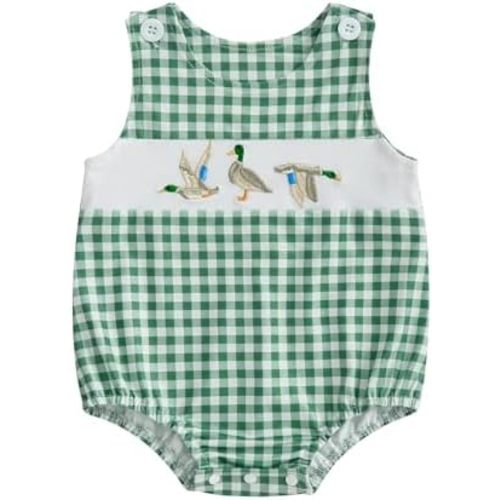 Infant Baby Boy Mallard Duck Romper Summer Hunting Overalls Strap Bodysuit Plaid Jumpsuit One Piece Smocked Clothes