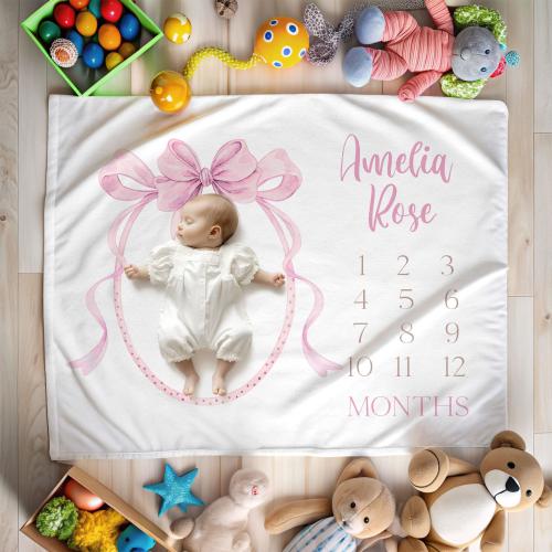 Personalized Pink Bow Baby First Year Milestone Newborn Girl Monthly Growth Blanket Coquette Baby Girl Gift Minky Baby Month Blanket