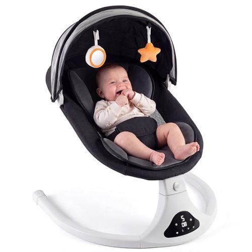 Electric Baby Swing with Remote Control - 5 Natural Motion Speeds, Detachable Seat Pad | Portable Infant Swing for Indoor/Outdoor Use (0-12M, 20lbs) (Grey)