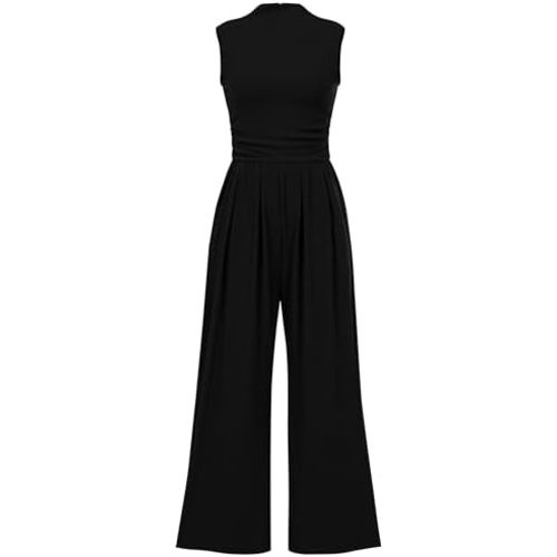 PRETTYGARDEN Womens Summer Jumpsuits Dressy Casual One Piece Outfits Sleeveless Mock Neck Wide Leg Pants Rompers with Pockets