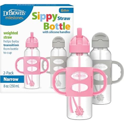 Dr. Brown's Narrow Sippy Straw Bottle with Handles, Gray & Pink, 2-Pack