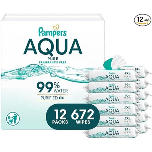 Pampers Baby Wipes Aqua Pure, 99% water-based wipes, Hypoallergenic and Unscented Baby Wipes, 672 Wipes Total (12 Flip-Top Packs)
