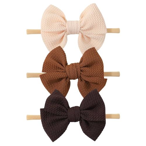 yoyokid 3PCS 4" Baby Girls Bow Headband, Elastic Nylon Hairbands Soft Baby Hairbands with Bows Hair Accessories for Newborn Infant Toddler, Beige Brown Coffee