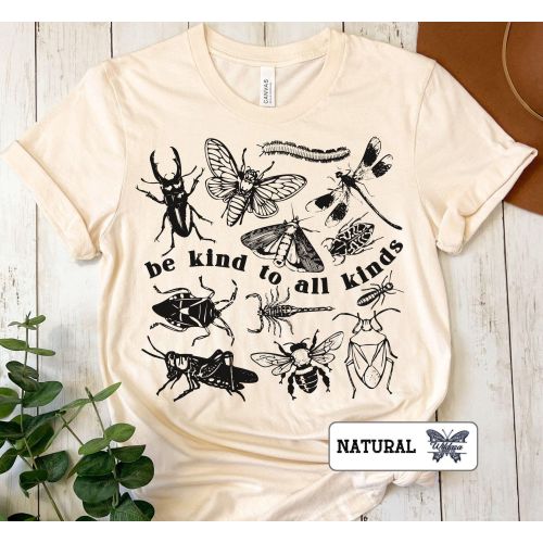 Be Kind to All Kinds Bug Shirt for Insect Lover, Vintage Insect Illustrations Kindness Tee, Entomology and Nature Lover Gifts