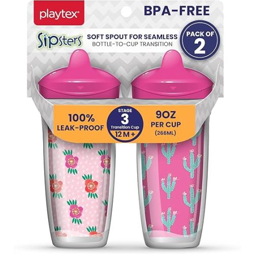 Playtex Baby Sipsters Hard Spout Sippy Cup for 12+ Months, 9 Ounce (2 Count), Pink Rose & Cactus Design, Insulated Toddler Water Bottle for Kids, Spill-Proof Cups for Toddlers 1-3, Stage 3