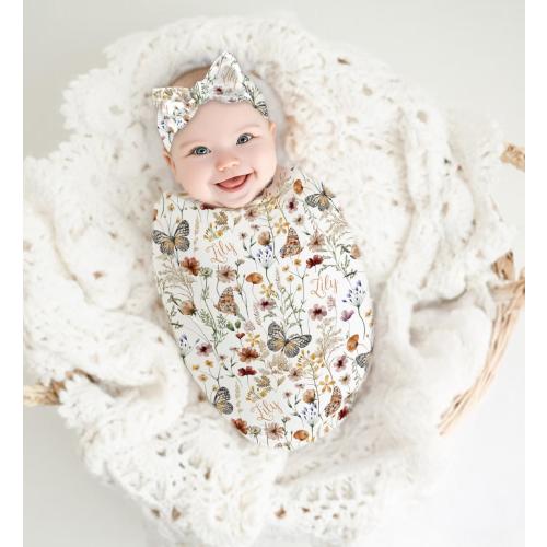 Wildflower Butterfly Baby Girl Swaddle, Minky Blanket, Tie Gown, Bow Hat, Headband, Personalized Garden Floral, Shower Gift, Tiny Blooms