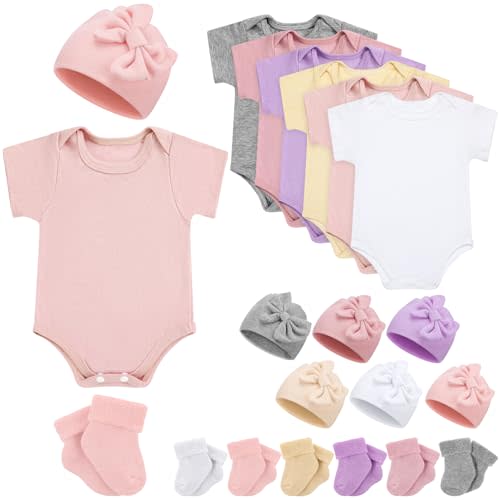 Glitopper 6 Pack Preemie Bodysuit Set Preemie Clothes Cotton Hat Socks Newborn Baby Layette Gift Set for Nicu Girls Boys