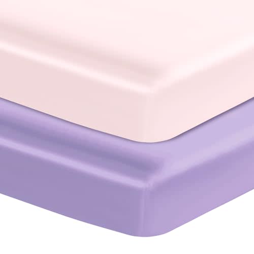 Entisn 28x52 Satin Fitted Crib Sheet 2 Pack, Baby Pink and Light Purple | 8-Inch Deep Pocket Snug Fit, Silky Satin Protects Hair And Skin, No-Slip Reinforced Edges, Machine Washable Fade-Resistant