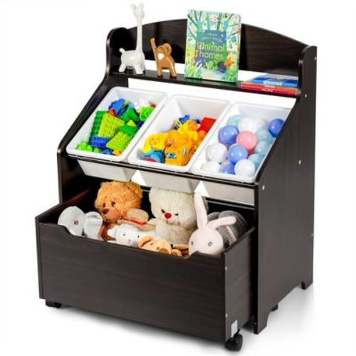 Costway Kids Wooden Toy Storage Unit Organizer w/Rolling Toy Box & Plastic Bins Espresso
