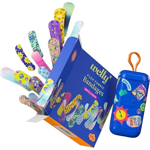Welly Bandage Clip N' Go Tin & Refill Pack | Adhesive Flexible Fabric Bandages and Tin | Assorted Shapes and Patterns for Minor Cuts, Scrapes, and Wounds - 100 Count