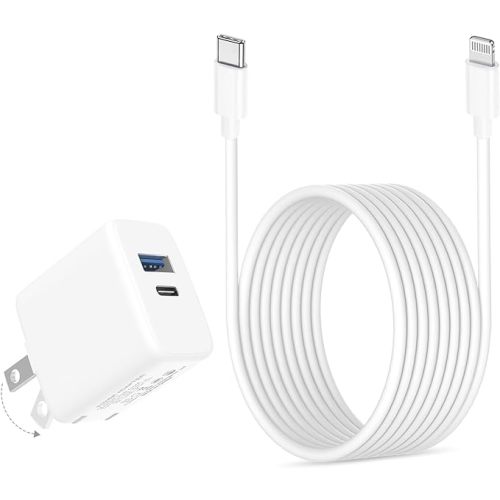 20W Dual Port Fast Charger for iPad 9th 8th 7th Generation 10.2 inch, iPad Air 3/2, iPad Mini 5, Foldable Wall Charger with 6.6ft USB-C to Lightning Fast Charging Cable