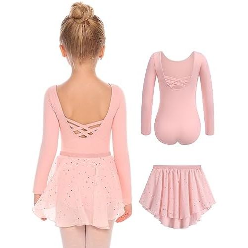 Zaclotre Girls Ballet Leotards Toddler Long Sleeve Crisscross Back Dance Dress Outfit with Removable Shiny Skirt Combo