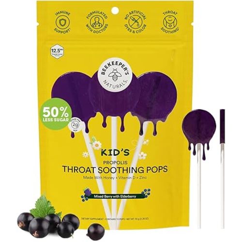 Beekeeper's Naturals Kids Throat Soothing Lollipops, Mixed Berry & Elderberry Doctor Formulated Immune Support, Vitamin D & Honey, 15 ct